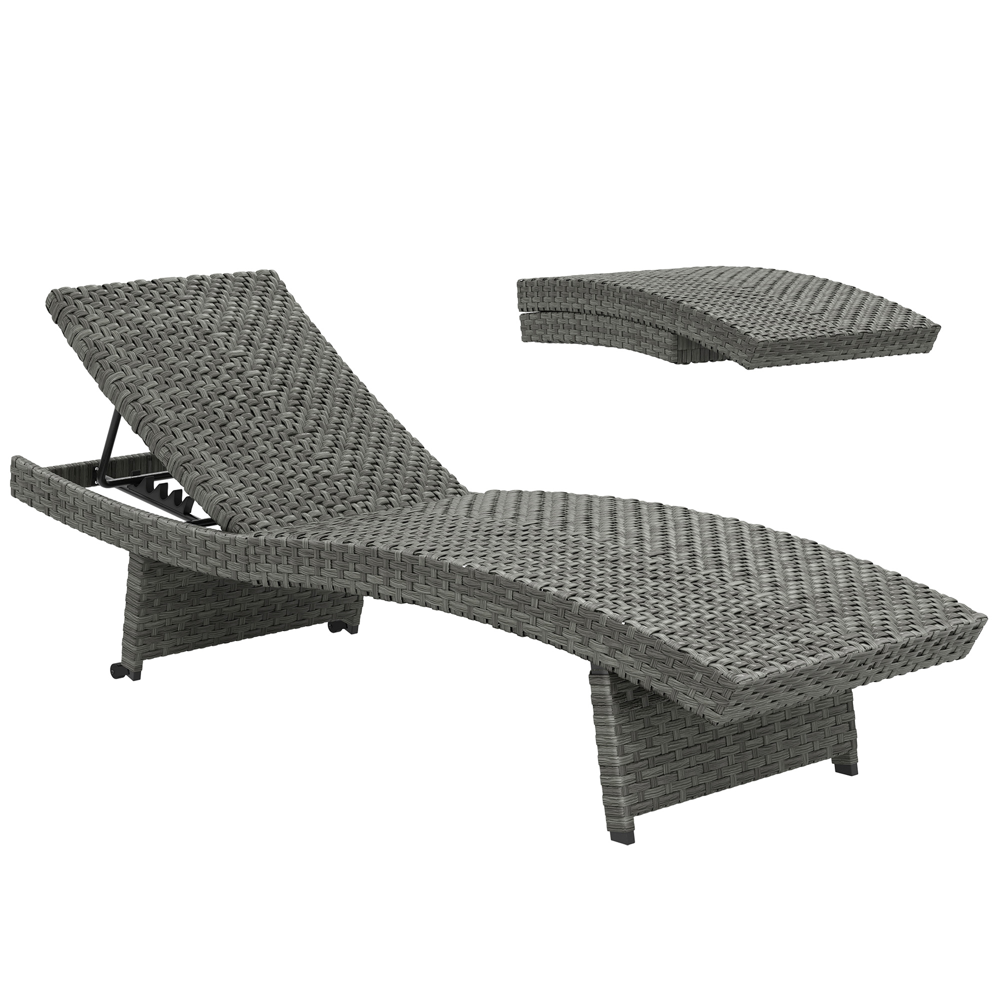 Outsunny Outdoor PE Rattan Sun Lounger, Folding Wicker Garden Lounger Recliner with 4-Level Adjustable Backrest, Rolling Sunbed Lounge Chair with Wheels, Non-Slip Legs for Balcony, Beach, Mix
