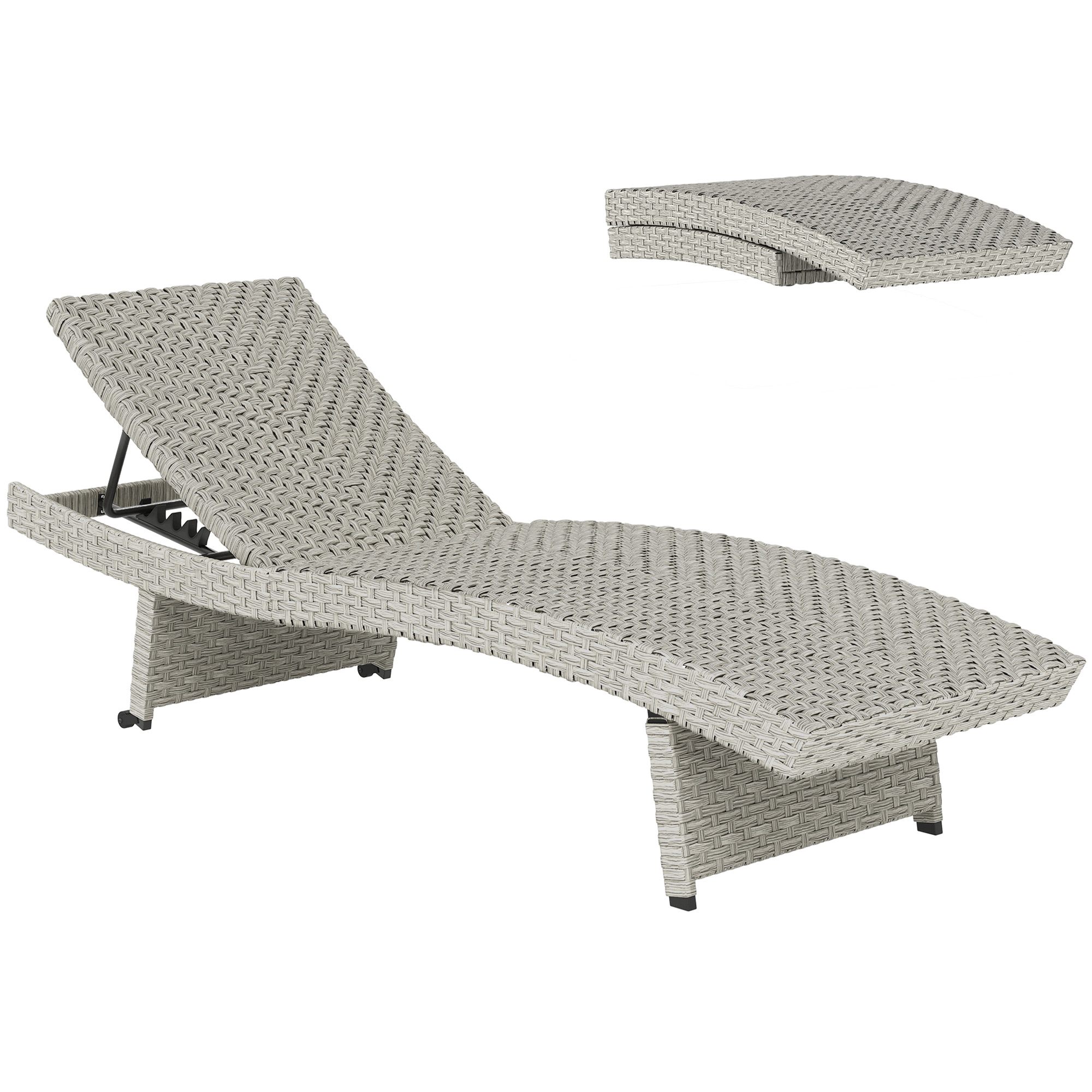 Outsunny Outdoor PE Rattan Sun Lounger, Folding Wicker Garden Lounger Recliner with 4-Level Adjustable Backrest, Rolling Sunbed Lounge Chair with Wheels, Non-Slip Legs for Balcony, Beach, Gre