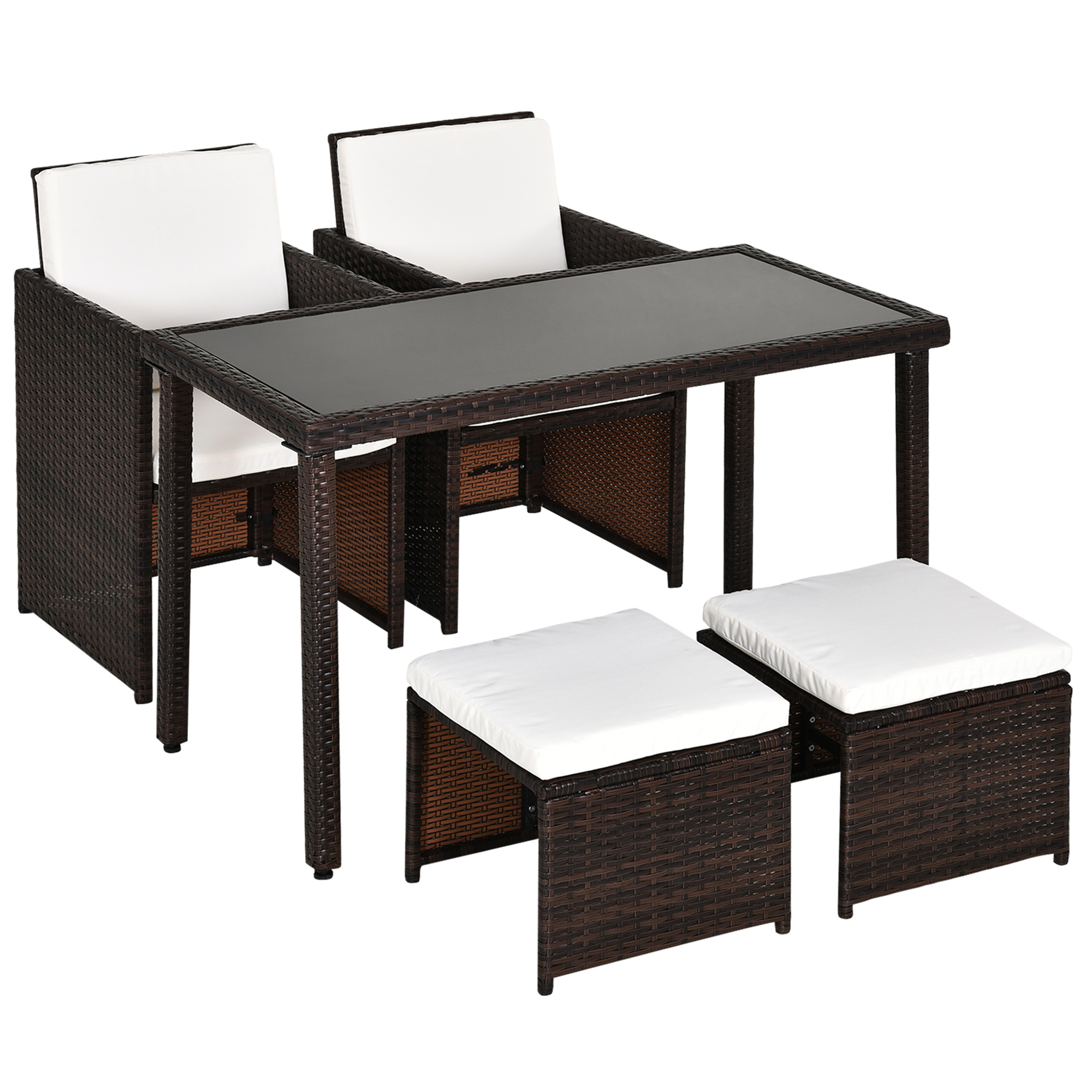 Outsunny 2 Seater Rattan Cube Garden Furniture Set, Rattan Dining Set with Cushions, Outdoor Dining Table and Chairs with 2 Armchairs, 2 Stools, Rectangular Glass Top Table for Patio, Balcony