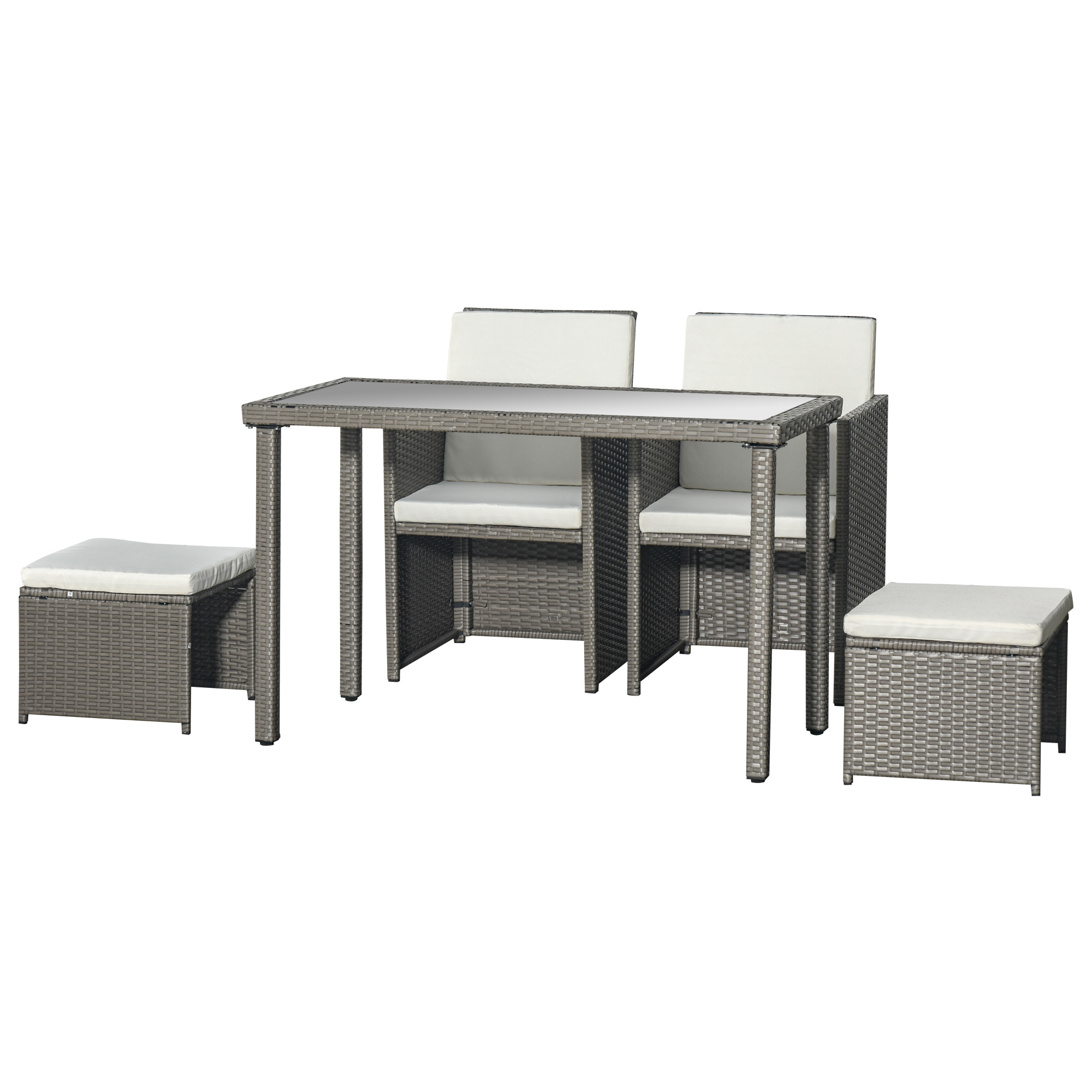 Outsunny 2 Seater Rattan Cube Garden Furniture Set, Rattan Dining Set with Cushions, Outdoor Dining Table and Chairs with 2 Armchairs, 2 Stools, Rectangular Glass Top Table for Patio, Balcony
