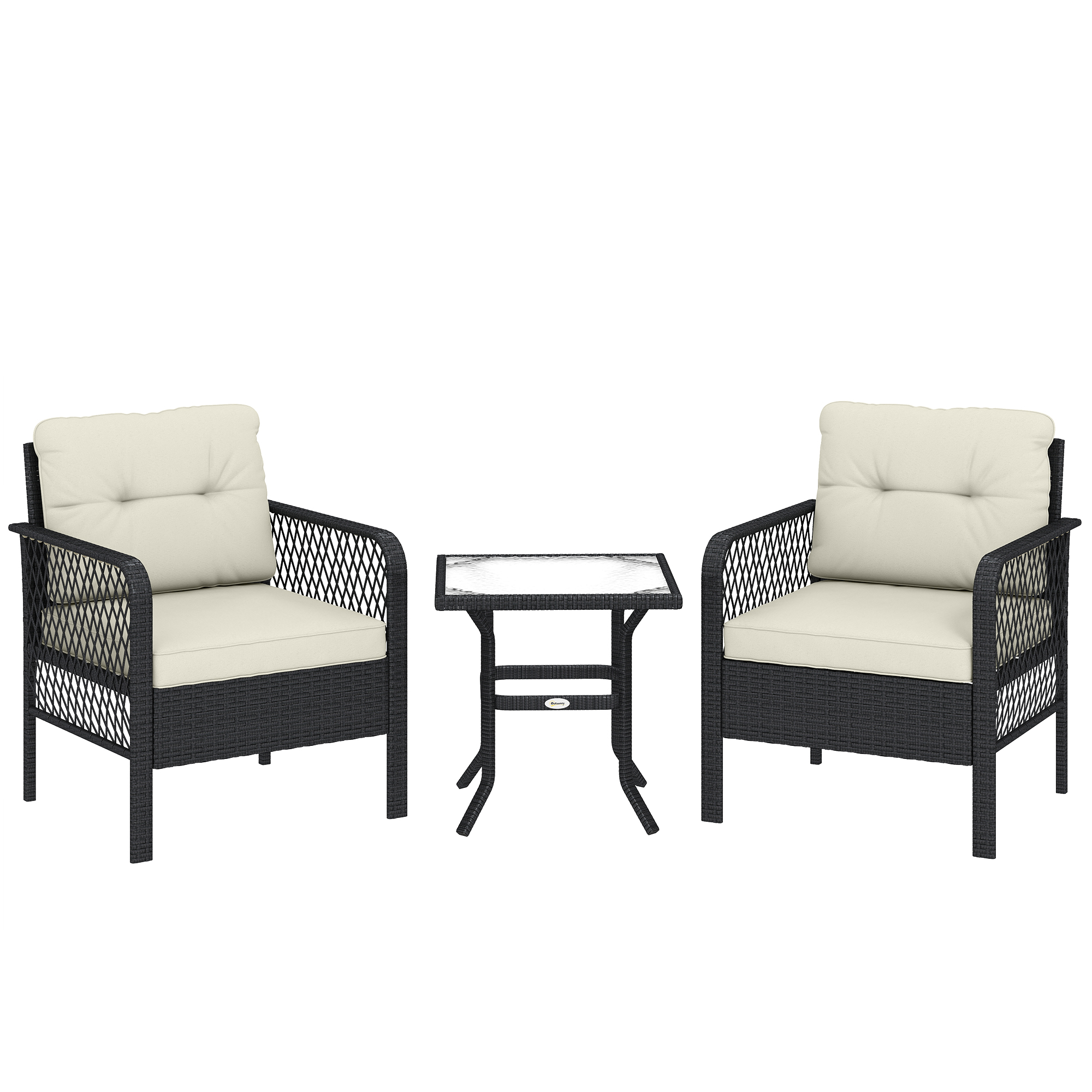 Outsunny 3 Pieces Rattan Bistro Set with Glass Top Coffee Table, Chairs and Cushions for Outdoor, Patio, Balcony, Cream