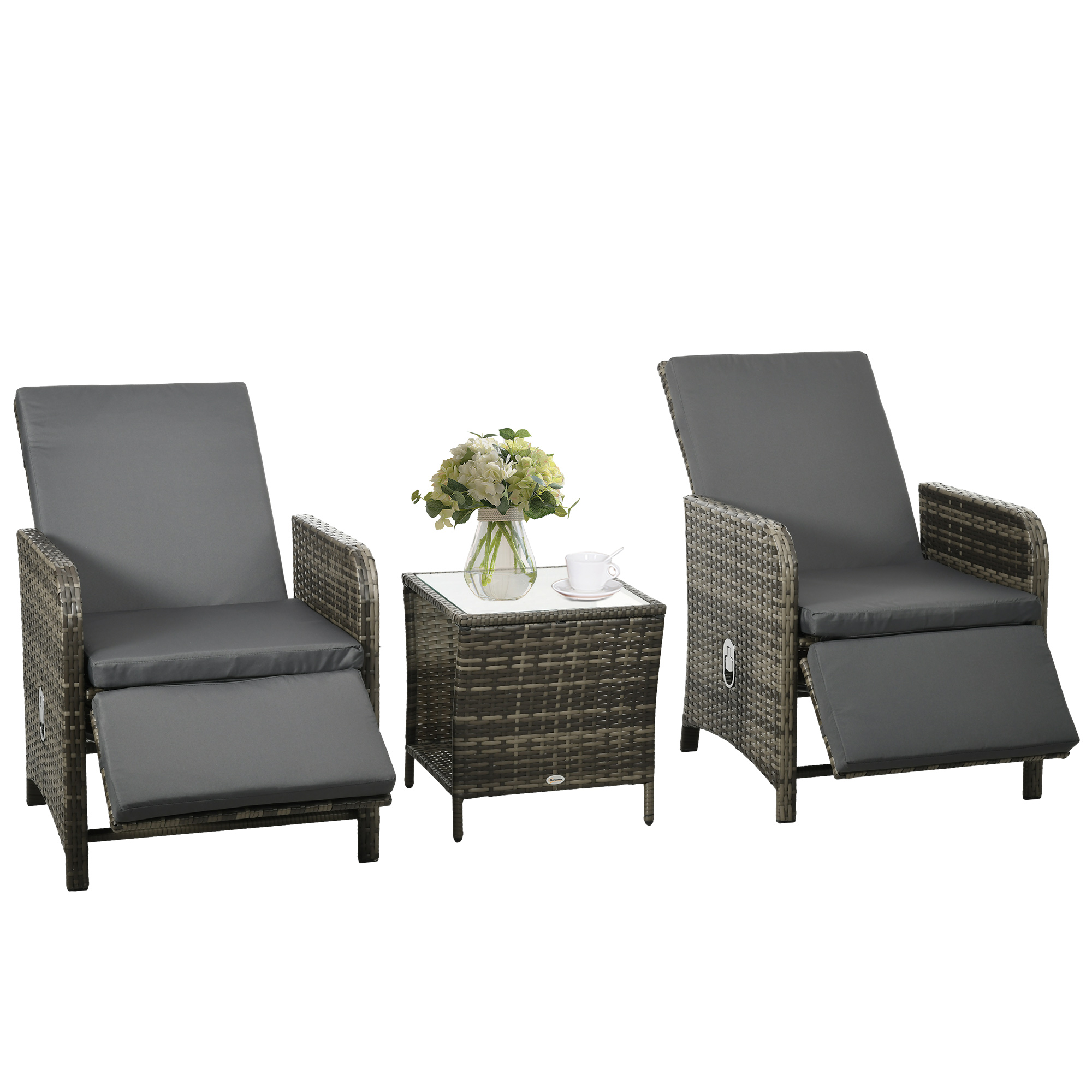 Outsunny 3 Pieces Rattan Bistro Set Balcony Furniture with Cushions, Storage Function - Dark Grey