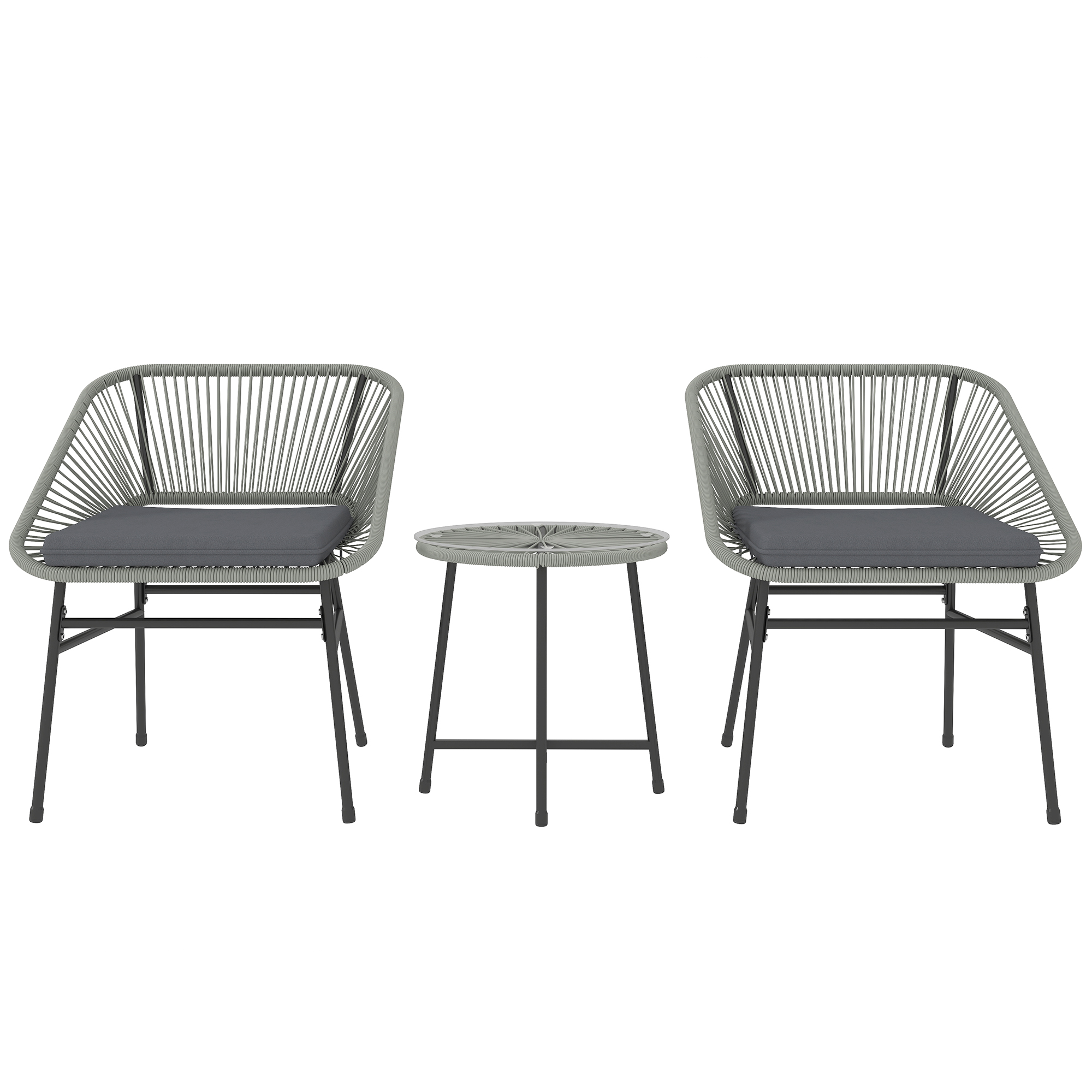 Outsunny 3 Pieces Rattan Bistro Set, Wicker Small Garden Table and Chairs Set with Cushions and Glass Top Coffee Table, Bistro Garden Furniture Set for Outdoor, Patio, Balcony, Light Grey