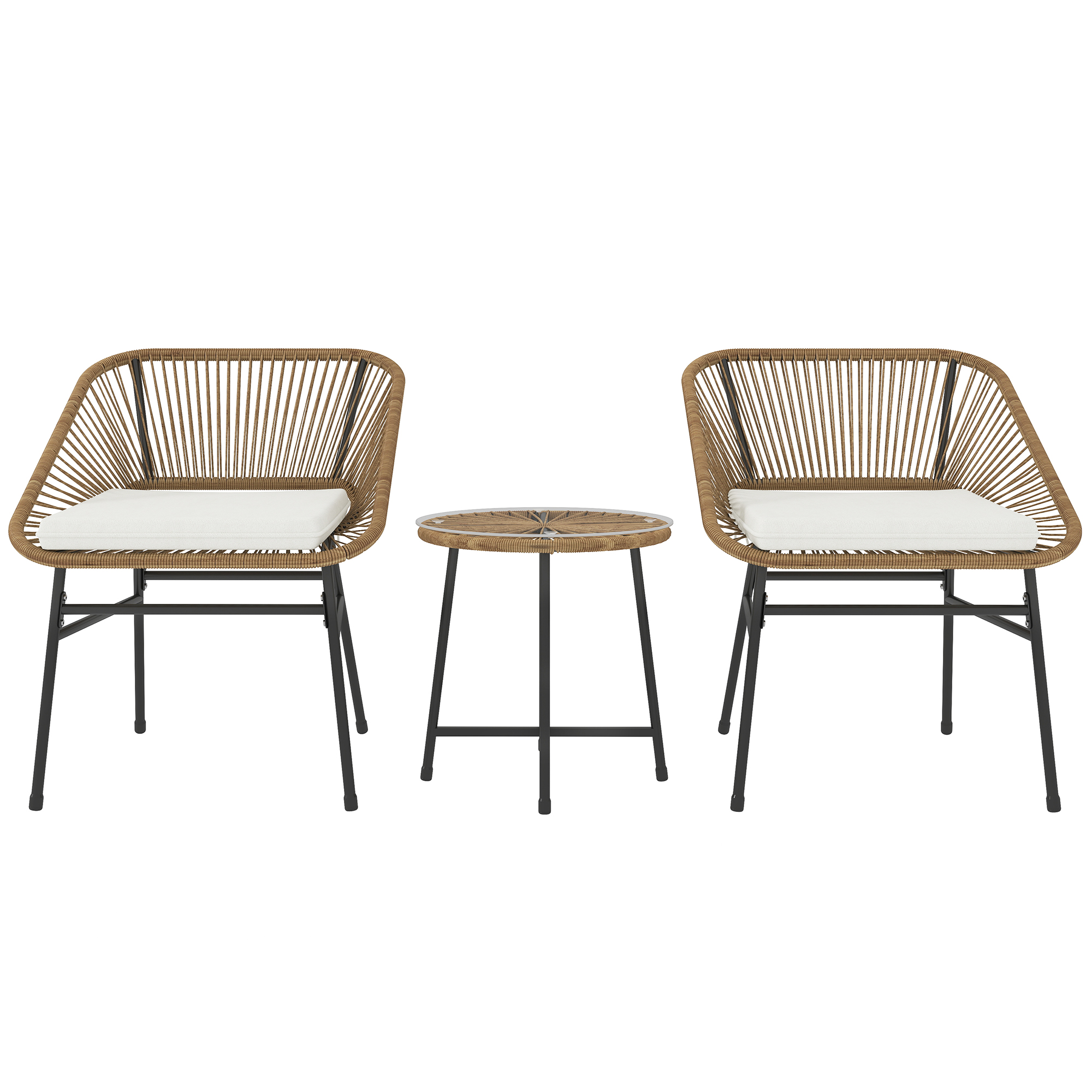 Outsunny 3 Pieces Rattan Bistro Set, Wicker Small Garden Table and Chairs Set with Cushions and Glass Top Coffee Table, Bistro Garden Furniture Set for Outdoor, Patio, Balcony, Natural