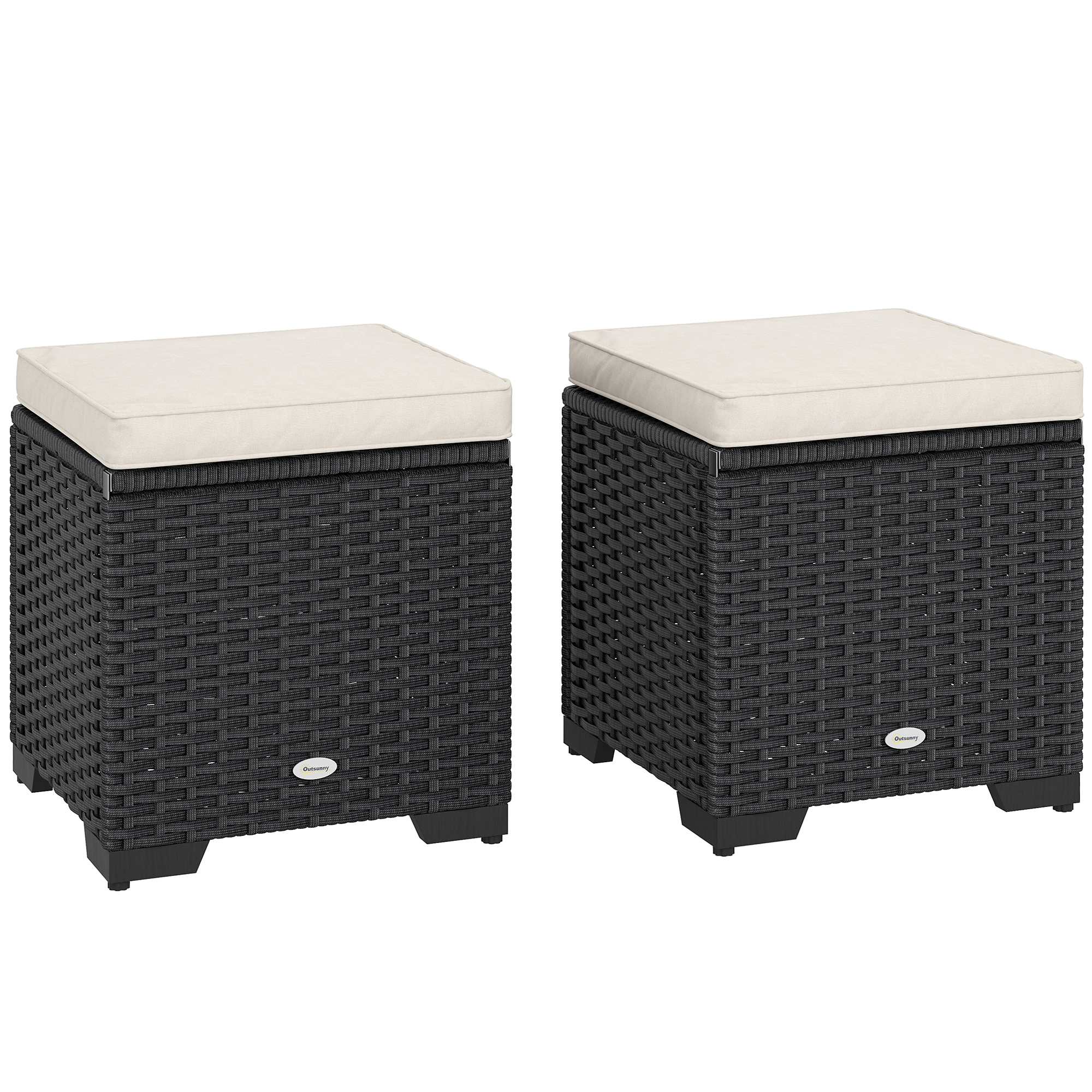 Outsunny Set of 2 Rattan Storage Ottoman, Outdoor Footstool with Removable Cushions, Garden Storage Seat for Balcony, Porch, Living Room, Cream