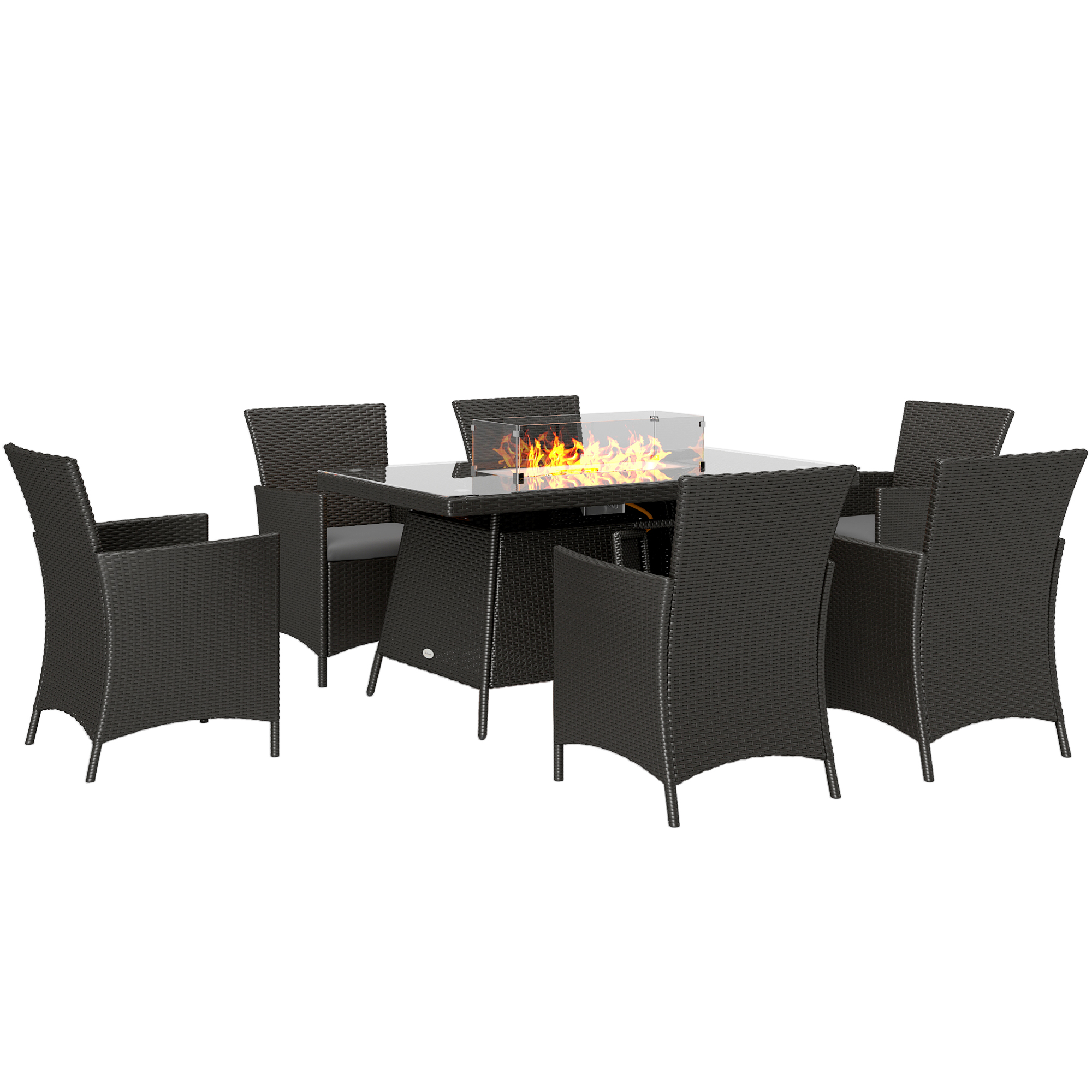 Outsunny 7 Pieces Outdoor Rattan Garden Furniture with Fire Pit Table, 6 Seater Garden Table and Chairs with Cushions, Rattan Dining Set with Propane Heater Table, Windscreen, 50,000 BTU, Bla