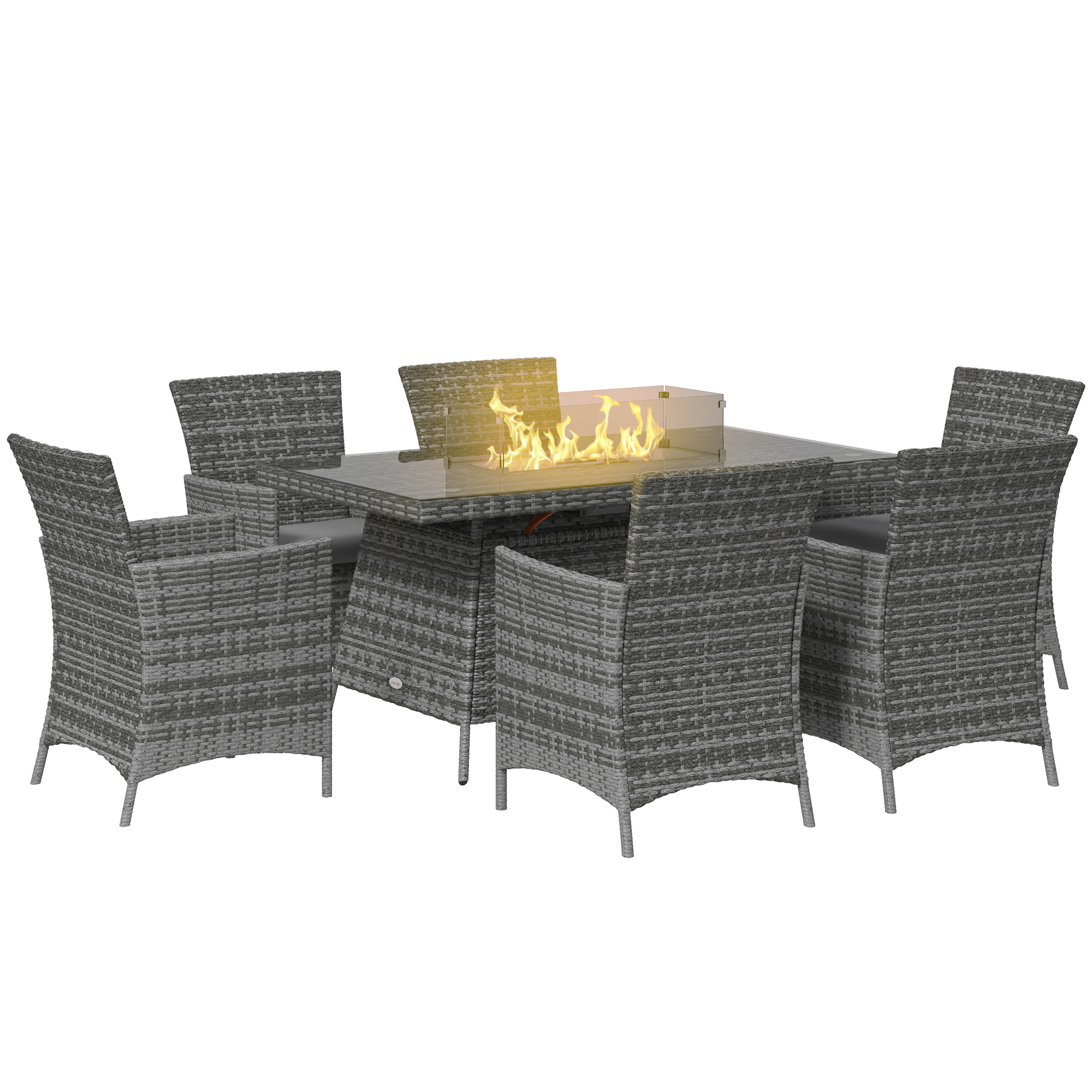 Outsunny 7 Pieces Outdoor Rattan Garden Furniture with Fire Pit Table, 6 Seater Garden Table and Chairs with Cushions, Rattan Dining Set with Propane Heater Table, Windscreen, 50,000 BTU, Gre