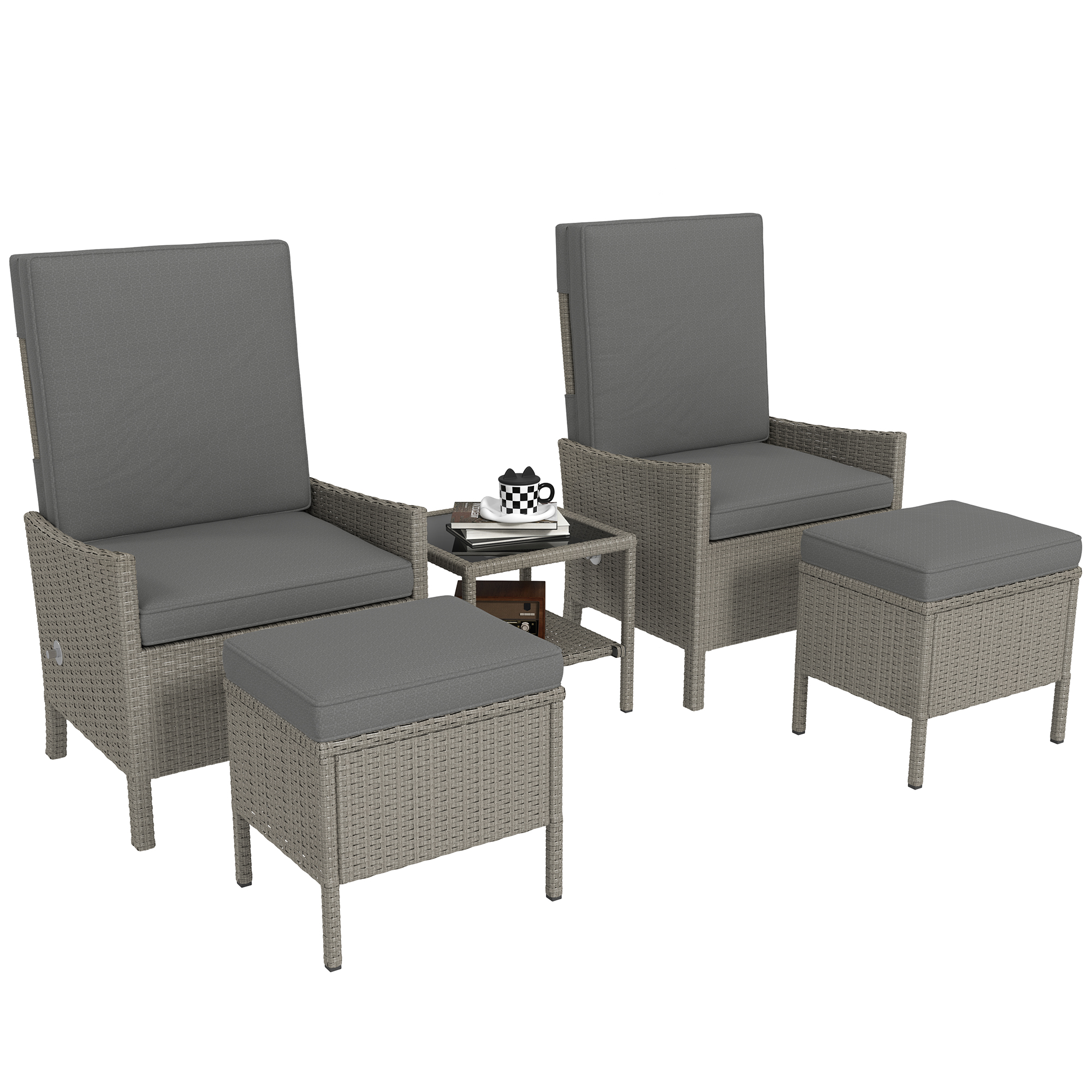 Outsunny 5 Piece Rattan Garden Furniture Set, Wicker Patio Sofa Set with 2 Armchairs, 2 Footstools, Glass Top Coffee Table with Shelf, Outdoor Furniture with Adjustable Backrests, Cushions, D