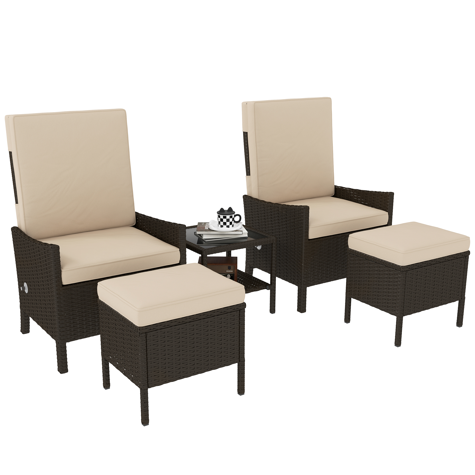 Outsunny 5 Piece Rattan Garden Furniture Set, Wicker Patio Sofa Set with 2 Armchairs, 2 Footstools, Glass Top Coffee Table with Shelf, Outdoor Furniture with Adjustable Backrests, Cushions, K